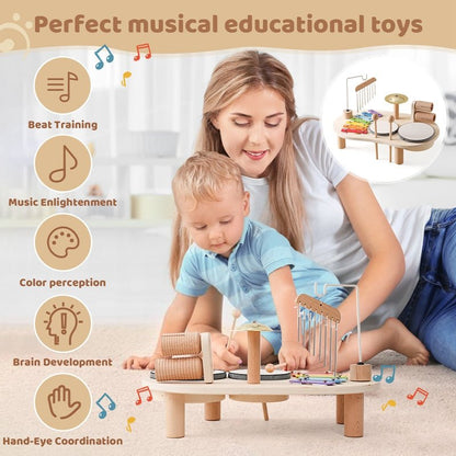 Tavolo Musicale in Legno per Bambini con Xilofono e Tamburi