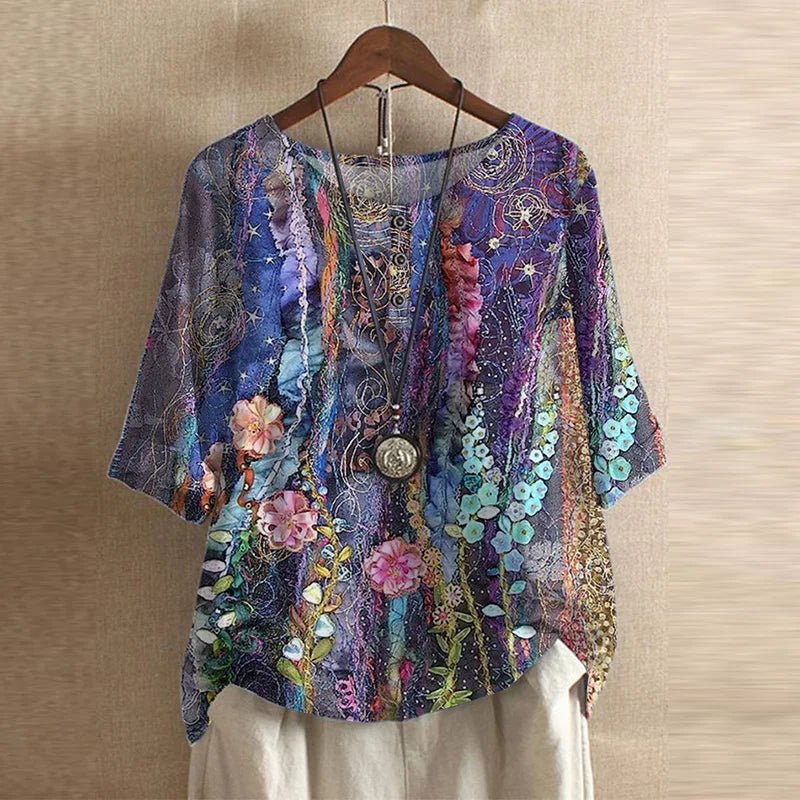 Blusa Floreale Vintage Retro Donna Vestibilità Comoda