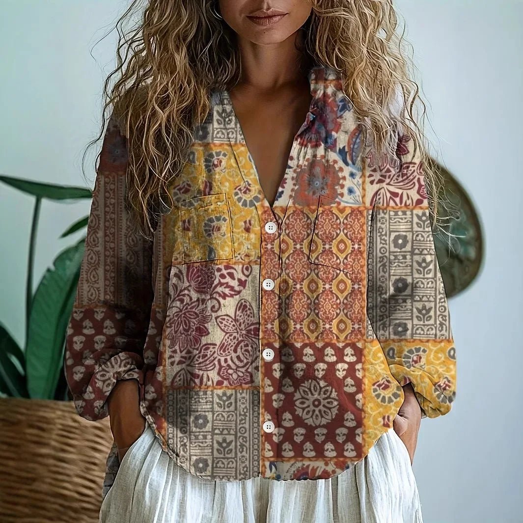 Blusa Donna Scollo a V Manica Lunga Stampa Boho
