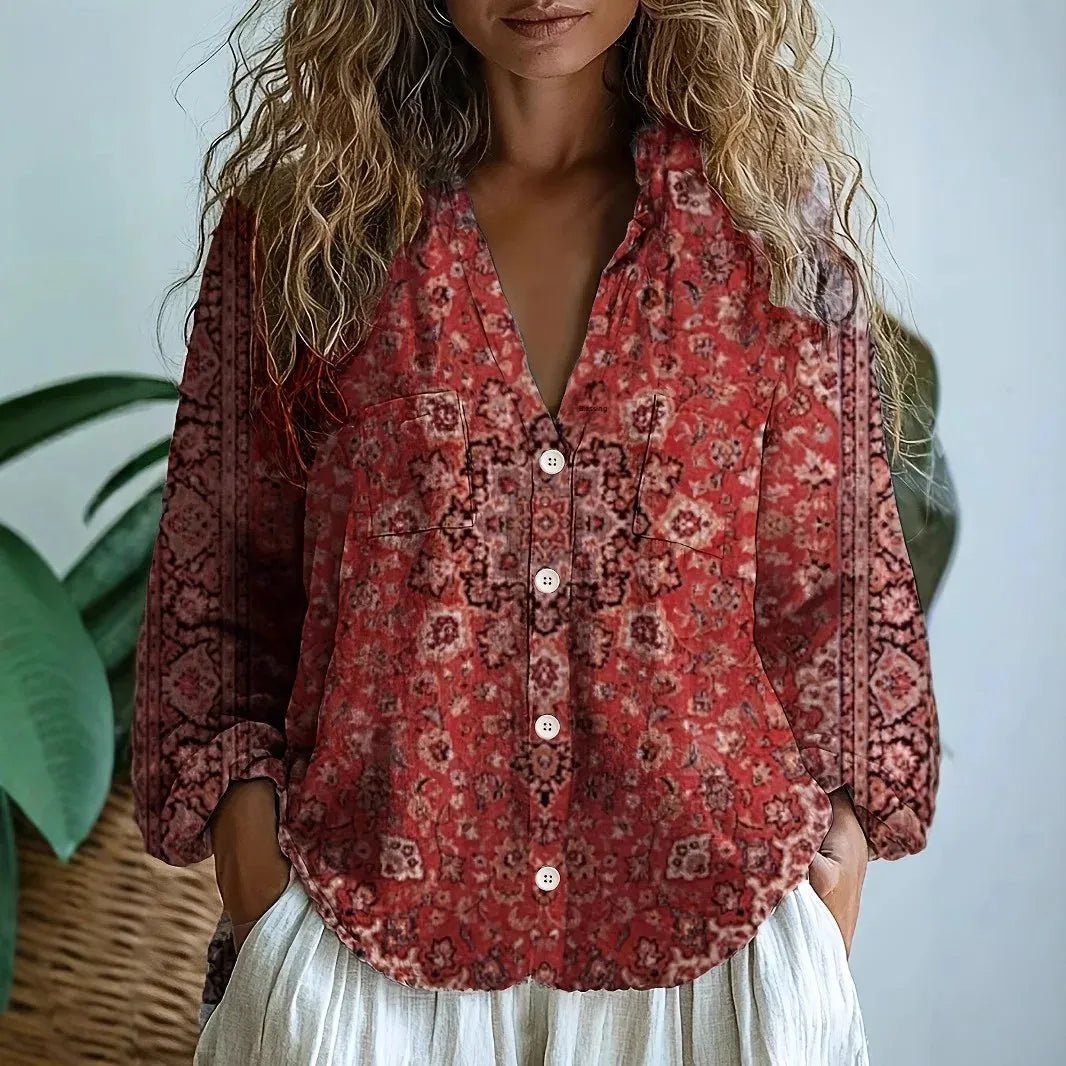 Blusa Donna Scollo a V Manica Lunga Stampa Boho
