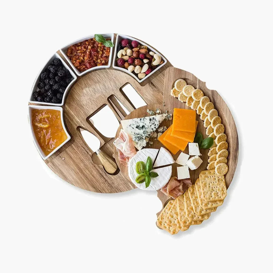 Tagliere per Formaggi in Legno di Acacia con Set Coltelli e Ciotole