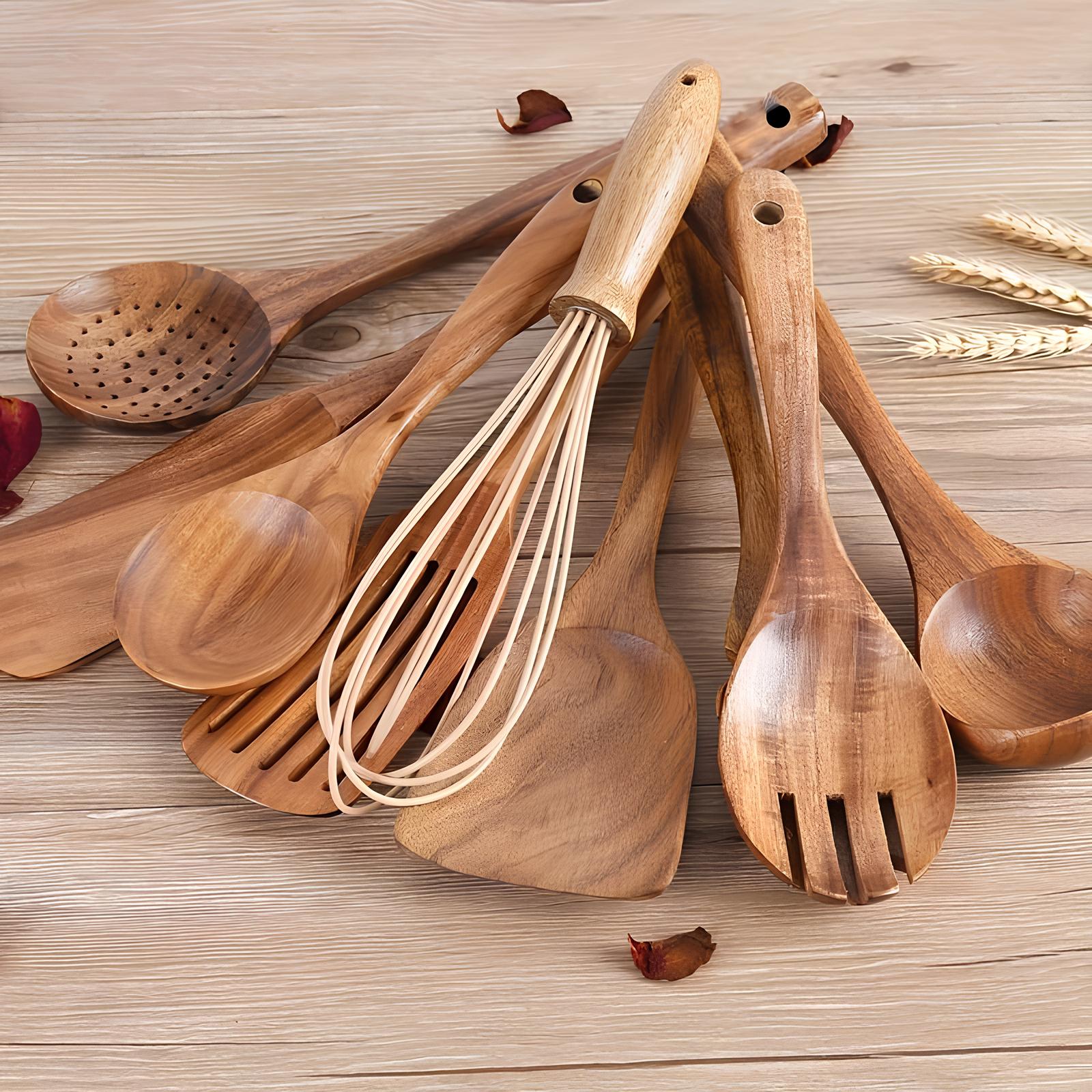 11-Piece Teak Kitchen Utensil Set with Holder — Natural Wood 3