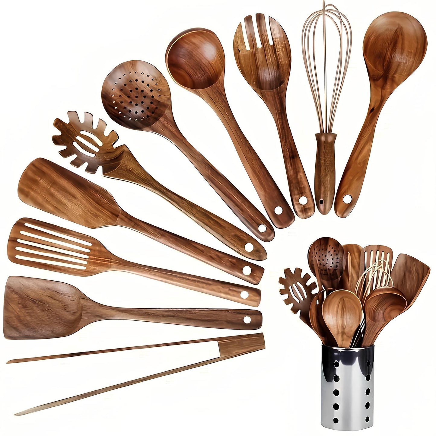 11-Piece Teak Kitchen Utensil Set with Holder — Natural Wood 1