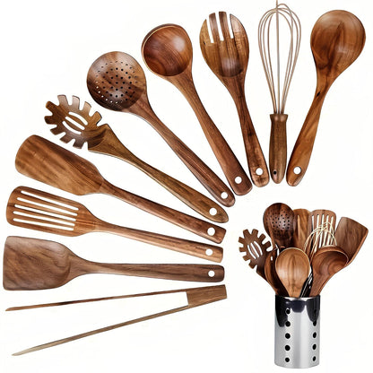 11-Piece Teak Kitchen Utensil Set with Holder — Natural Wood 1