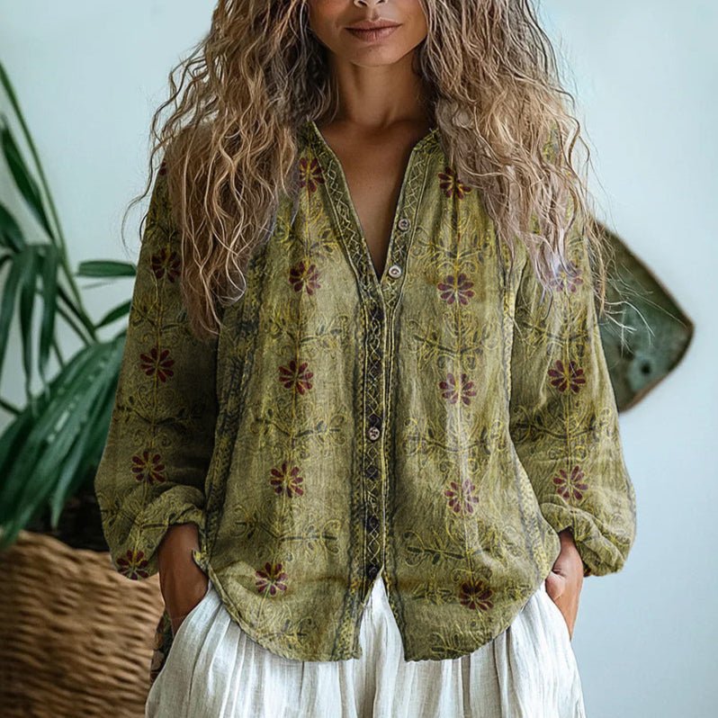 Blusa Donna Scollo a V Manica Lunga Stampa Boho