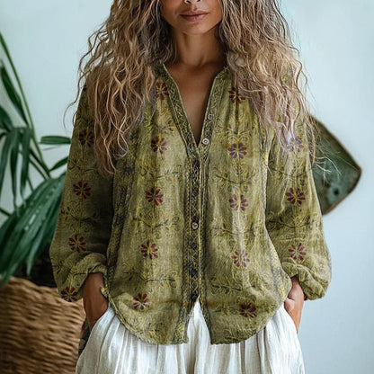 Blusa Donna Scollo a V Manica Lunga Stampa Boho