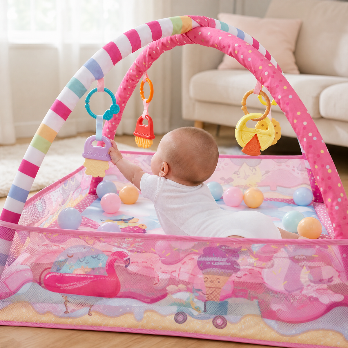 Baby Activity Gym with Ball Pit — 2-in-1 Play Mat & Hanging Toys 2