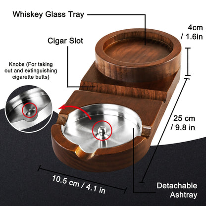 Cigar Ashtray with Whiskey Tray — Wooden Base & Steel 10