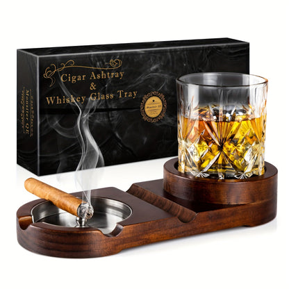 Cigar Ashtray with Whiskey Tray — Wooden Base & Steel 2