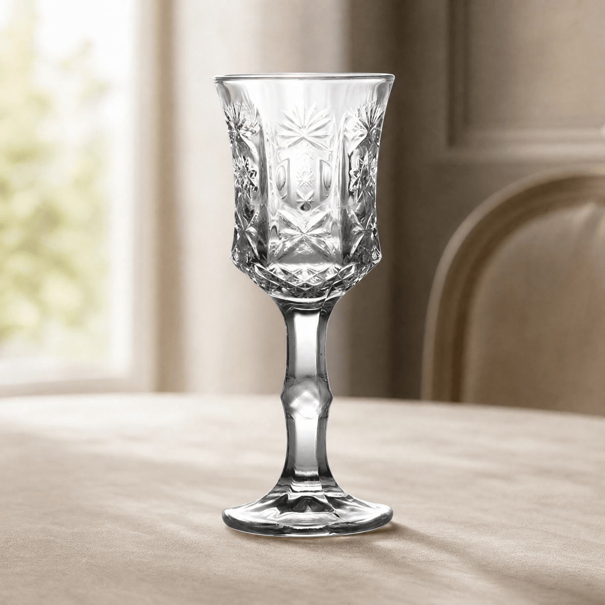 Vintage Cut Glass Wine Goblet — Engraved Crystal Pattern 1