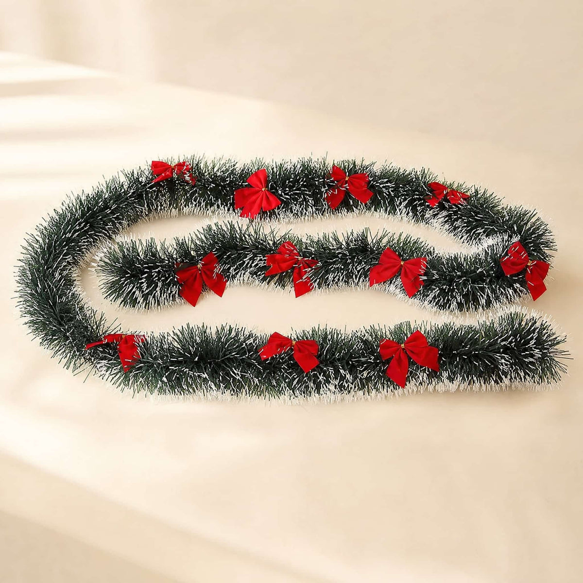 Christmas Tinsel Garland Green 2m with Snow Tips & Bows 10