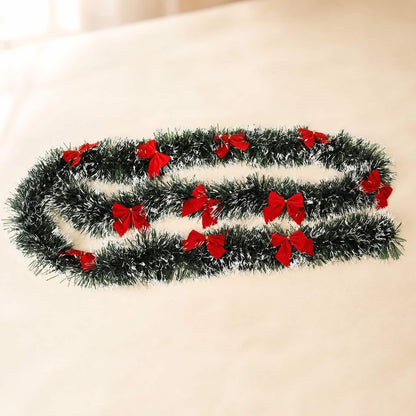Christmas Tinsel Garland Green 2m with Snow Tips & Bows 12