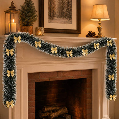 Christmas Tinsel Garland Green 2m with Snow Tips & Bows 5