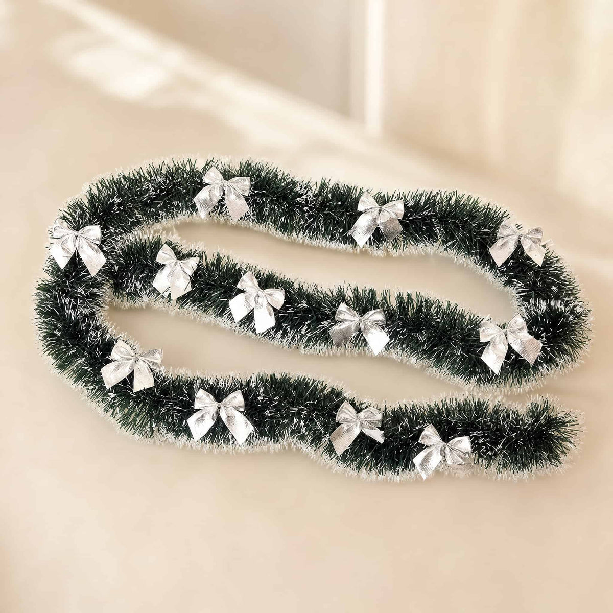 Christmas Tinsel Garland Green 2m with Snow Tips & Bows 8
