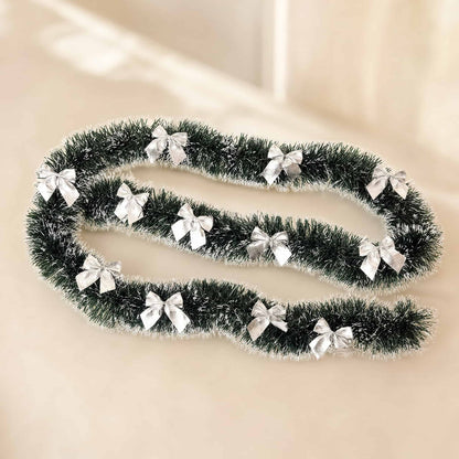 Christmas Tinsel Garland Green 2m with Snow Tips & Bows 8