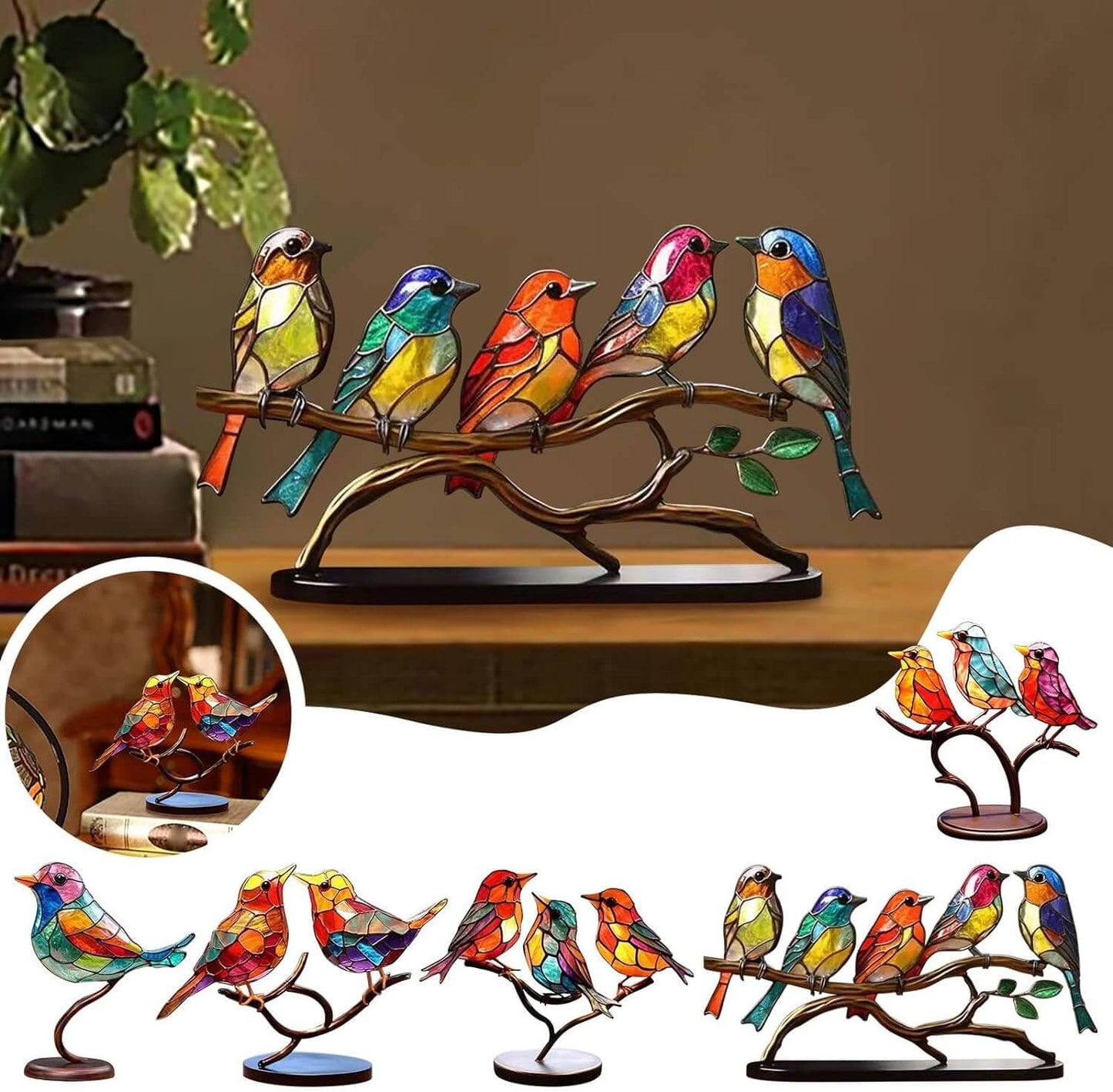 Ornamenti da Scrivania Uccelli su Ramo in Vetro Colorato
