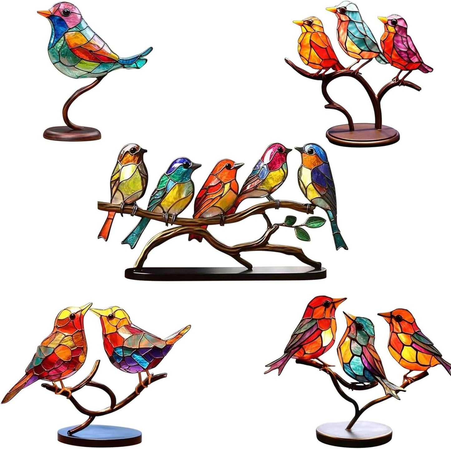 Ornamenti da Scrivania Uccelli su Ramo in Vetro Colorato