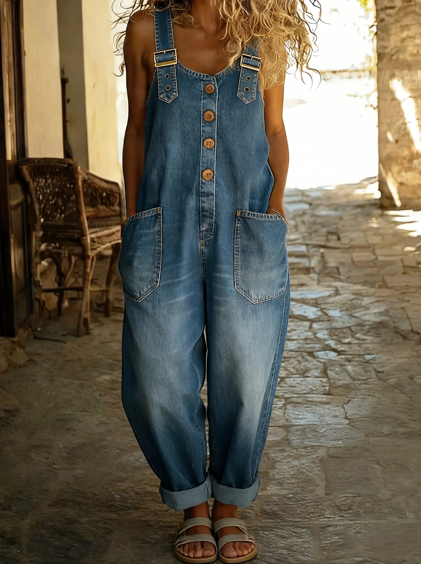 Salopette in Jeans con Bretelle Regolabili e Fibbie