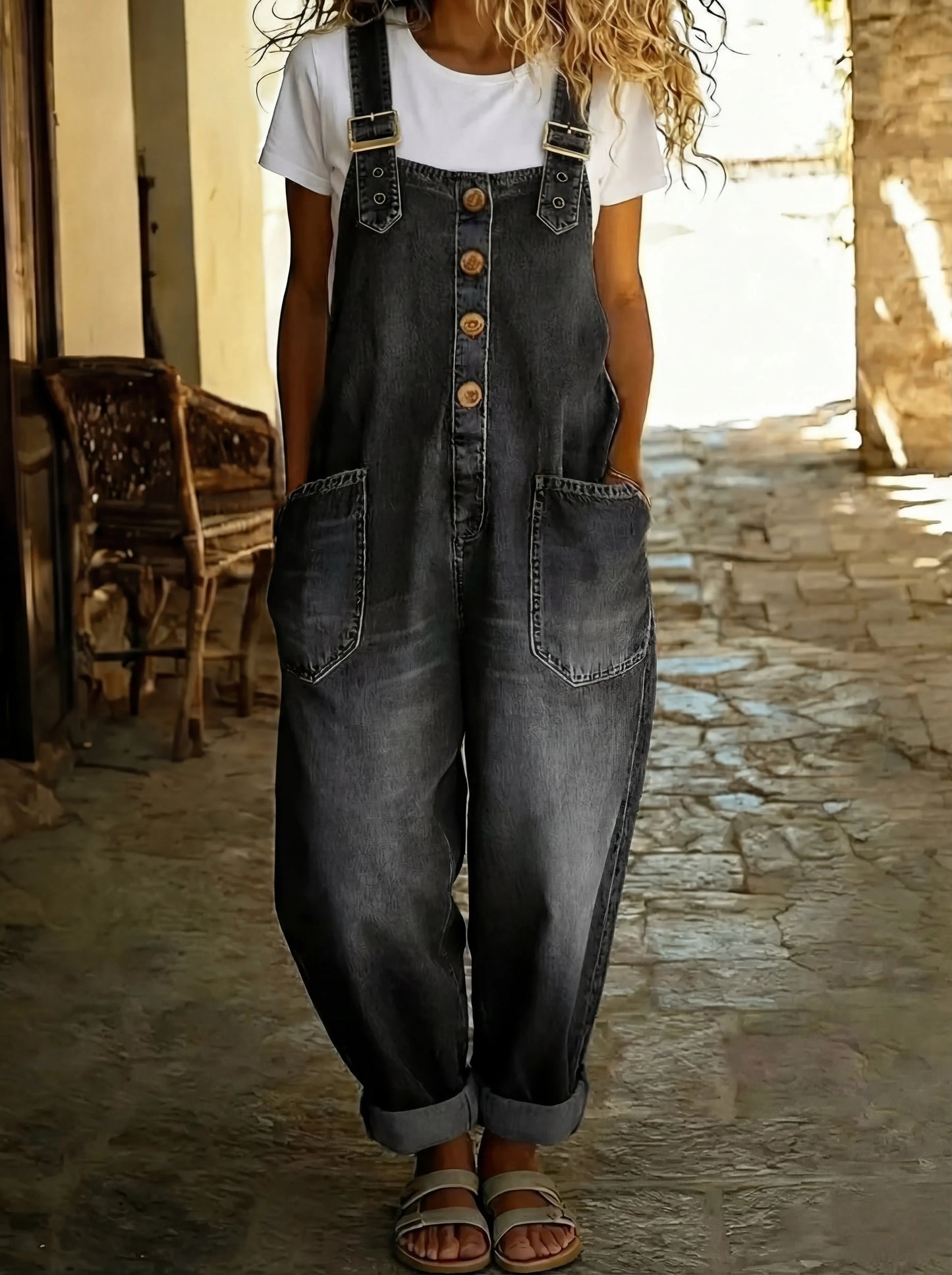 Salopette in Jeans con Bretelle Regolabili e Fibbie