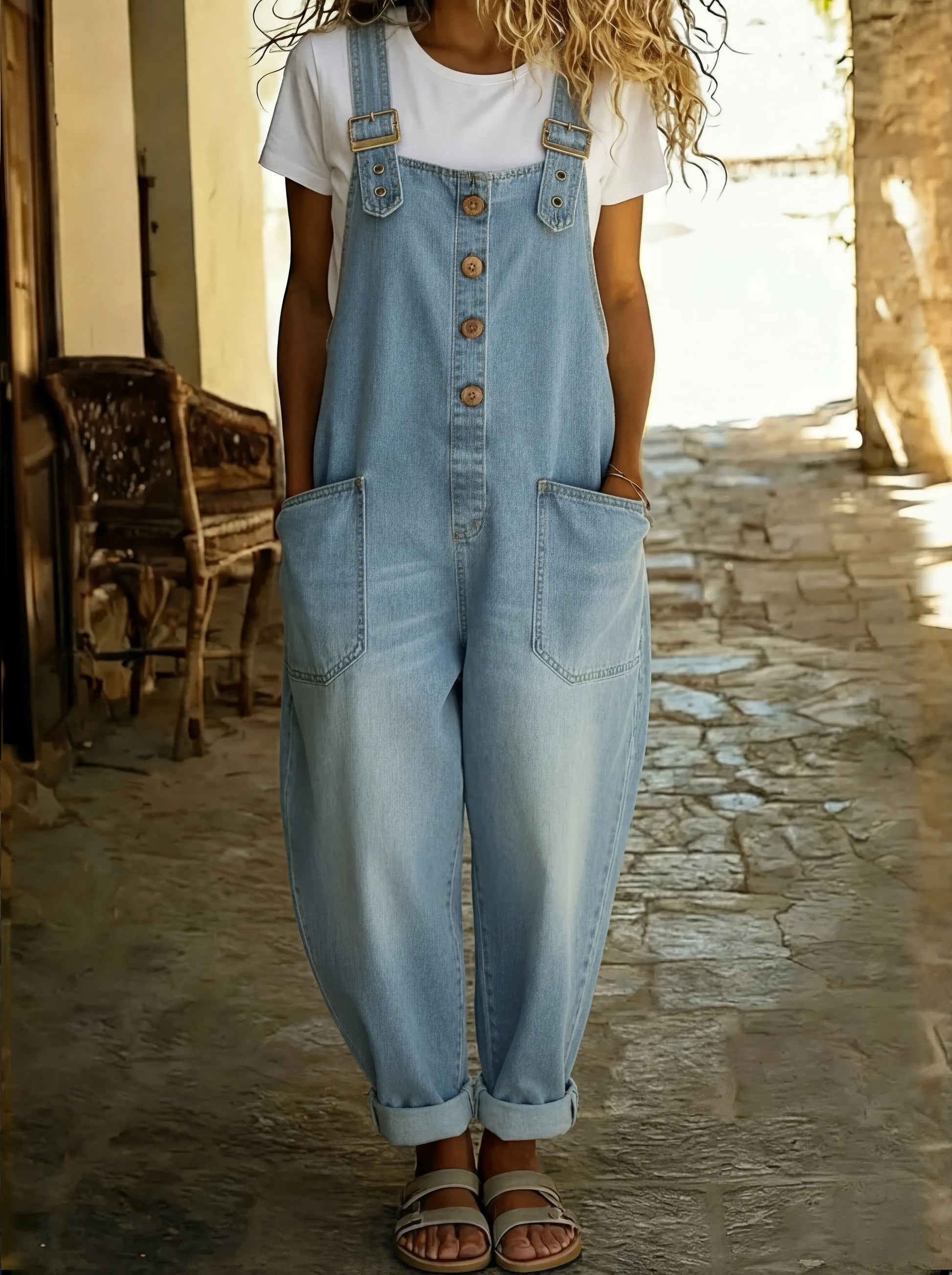 Salopette in Jeans con Bretelle Regolabili e Fibbie