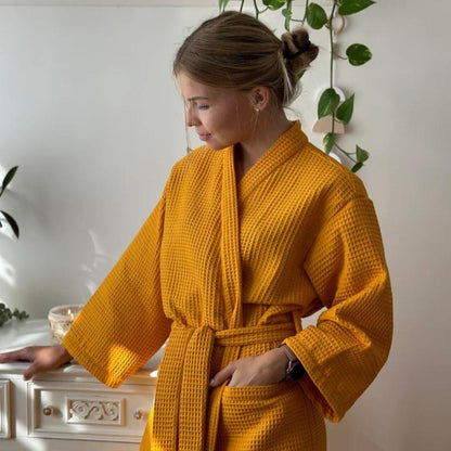 Waffle Cotton Bathrobe V-Neck — Lightweight & Breathable 2