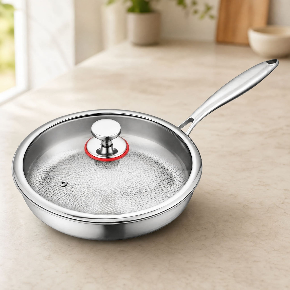 Hammered Titanium Alloy Frying Pan with Tempered Glass Lid 1