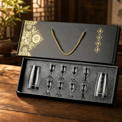 Chinese Baijiu Shot Glass Gift Set – 8 Cups + 2 Glass Decanters 1