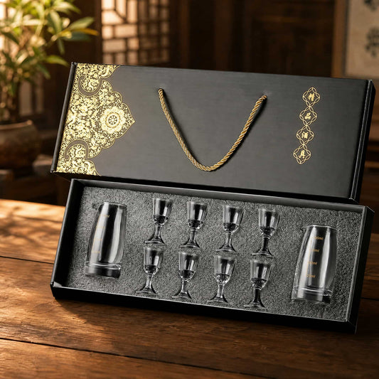 Chinese Baijiu Shot Glass Gift Set – 8 Cups + 2 Glass Decanters 1
