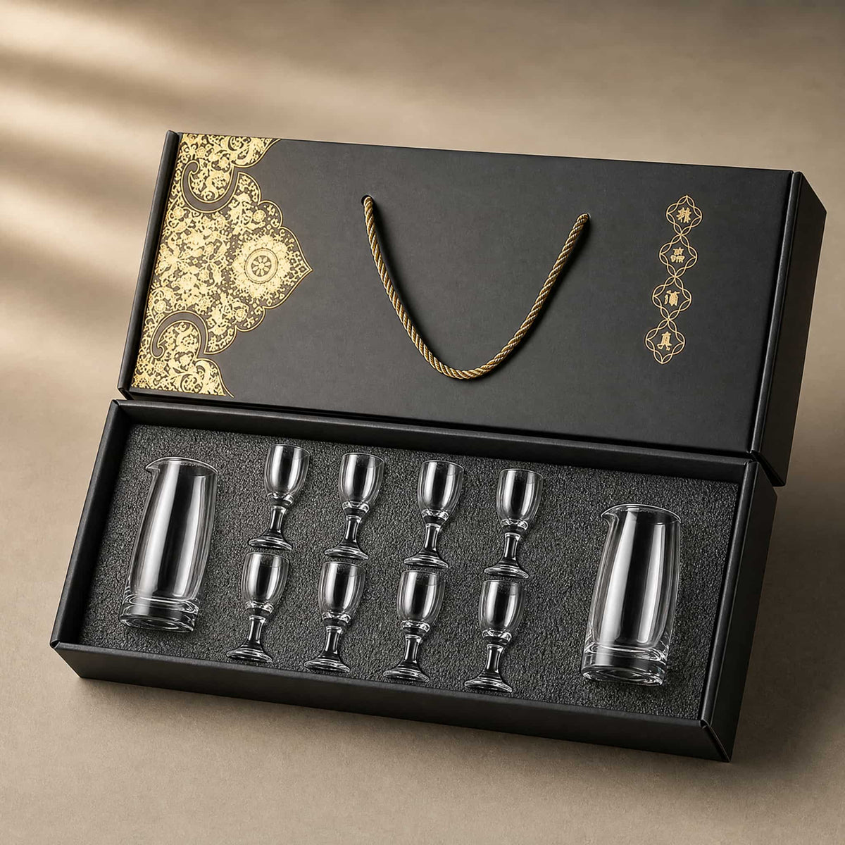 Chinese Baijiu Shot Glass Gift Set – 8 Cups + 2 Glass Decanters 10