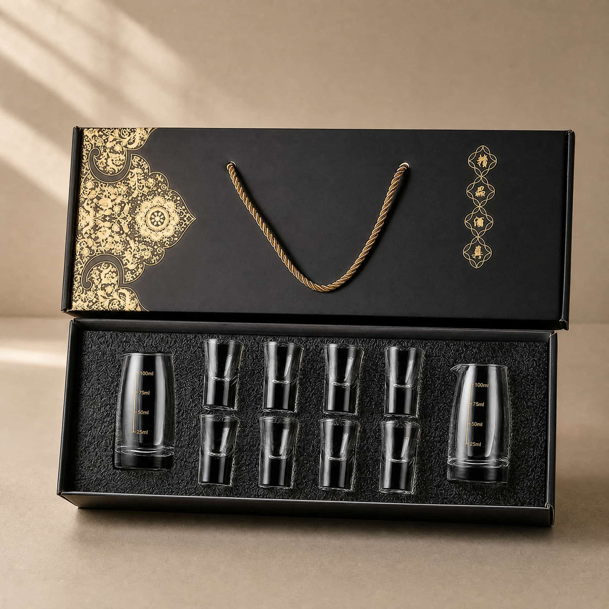 Chinese Baijiu Shot Glass Gift Set – 8 Cups + 2 Glass Decanters 14