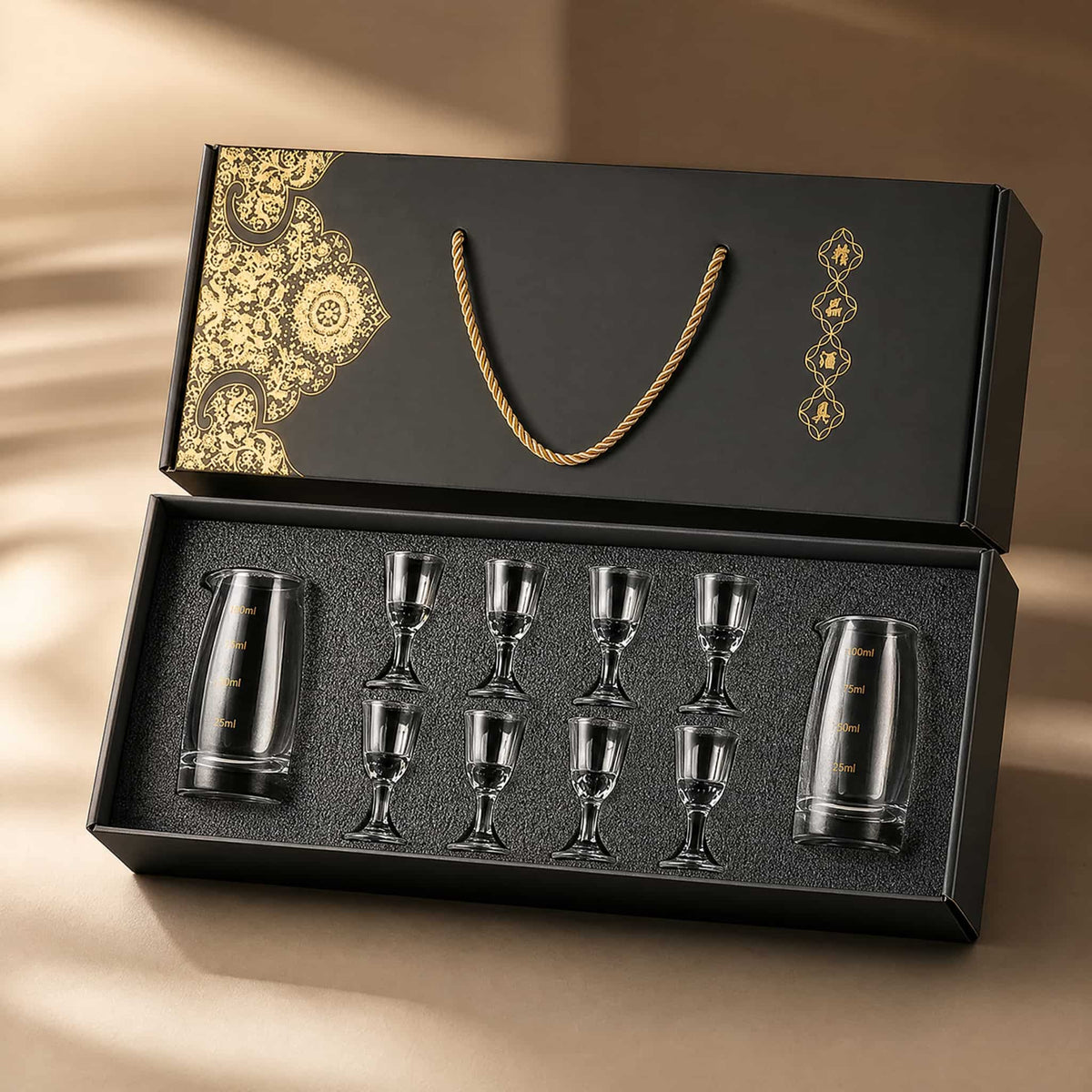 Chinese Baijiu Shot Glass Gift Set – 8 Cups + 2 Glass Decanters 15