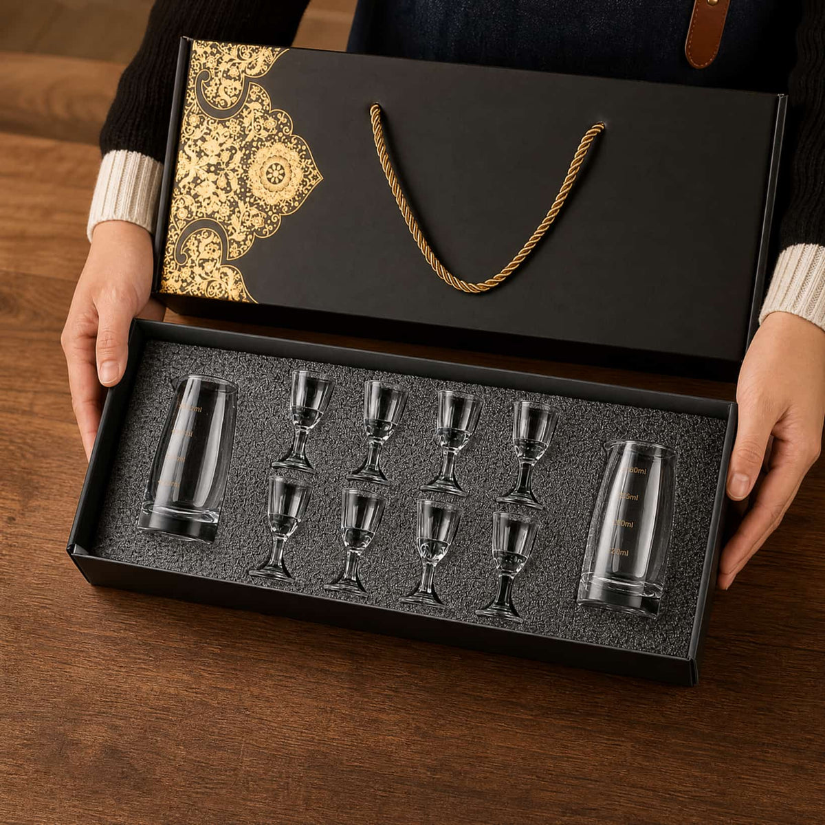 Chinese Baijiu Shot Glass Gift Set – 8 Cups + 2 Glass Decanters 4