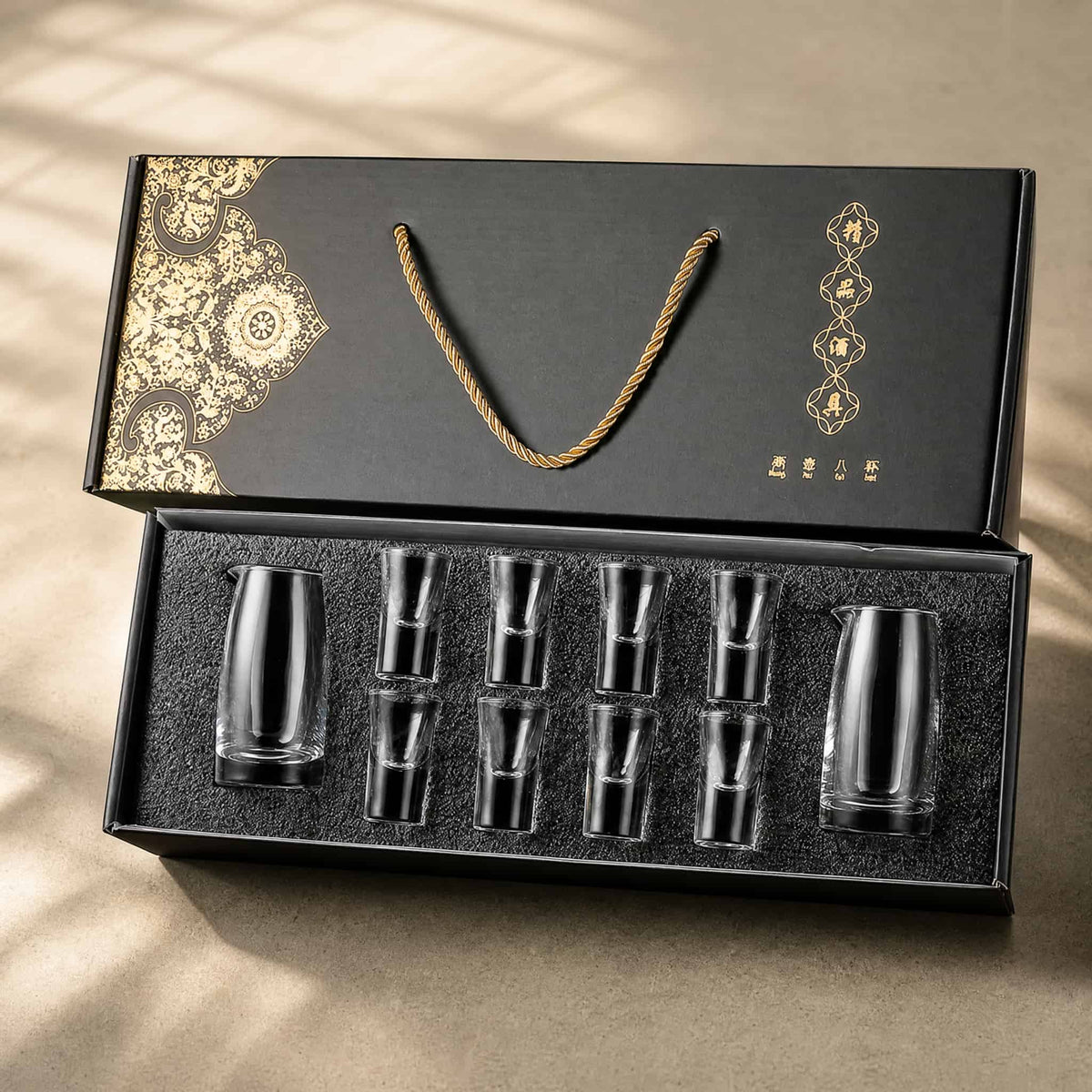 Chinese Baijiu Shot Glass Gift Set – 8 Cups + 2 Glass Decanters 8