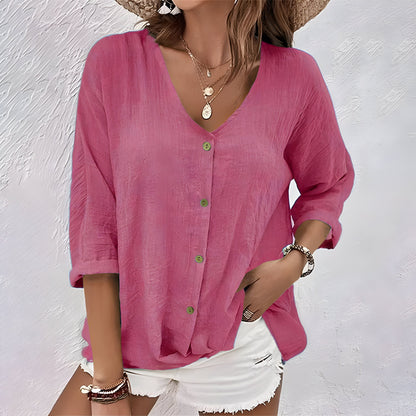 Blusa Donna con Bottoni Scollo a V Maniche Arrotolate