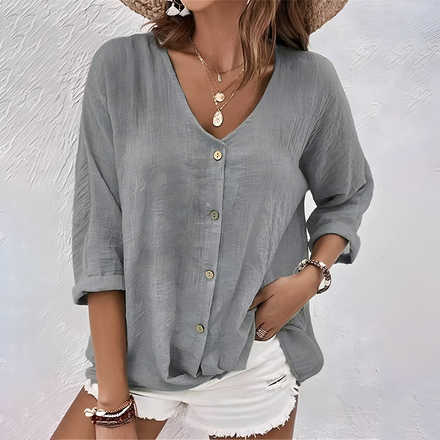 Blusa Donna con Bottoni Scollo a V Maniche Arrotolate