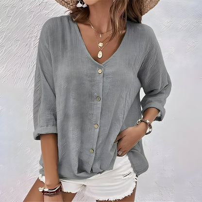 Blusa Donna con Bottoni Scollo a V Maniche Arrotolate