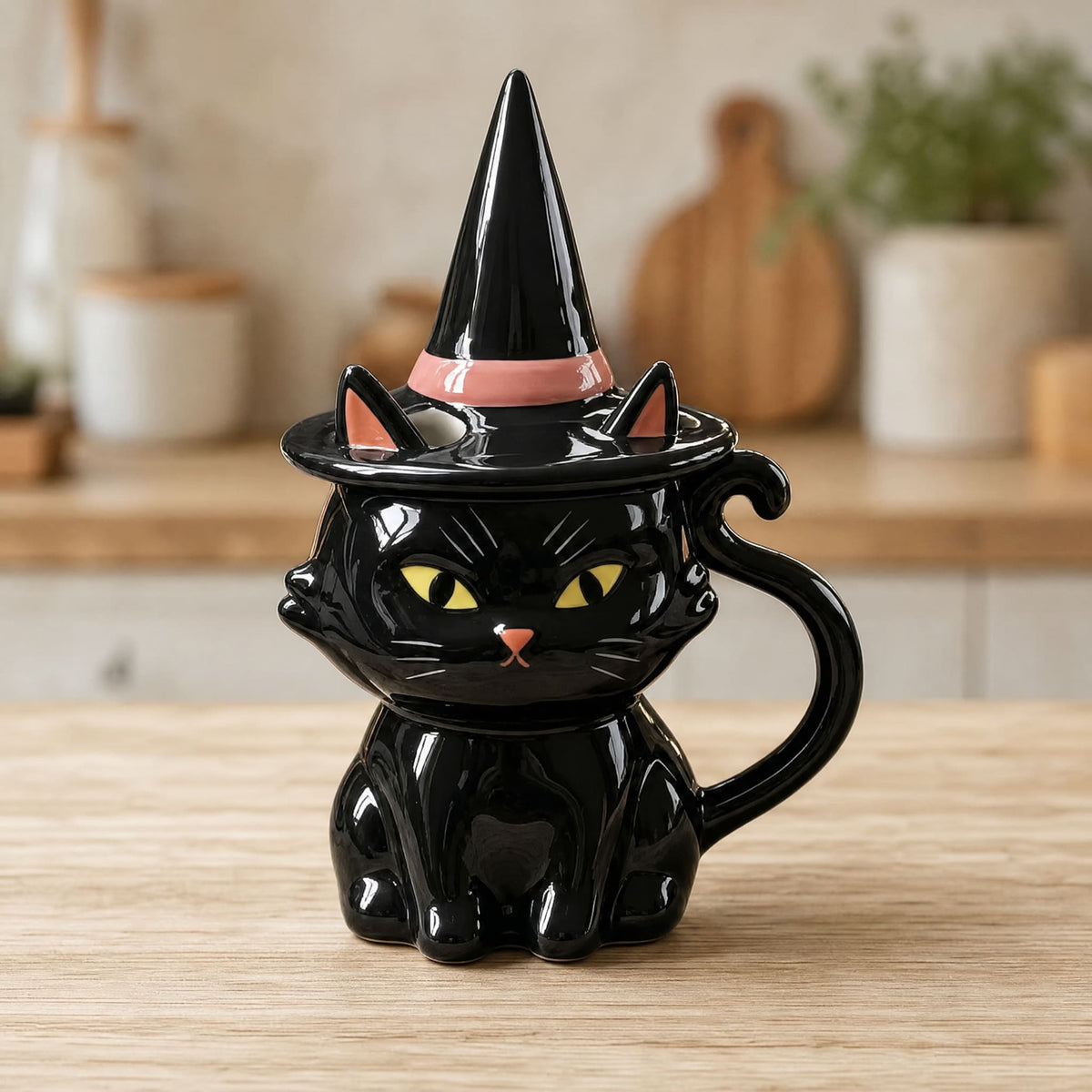 Black Cat Ceramic Mug with Witch Hat Lid — 350ml 1