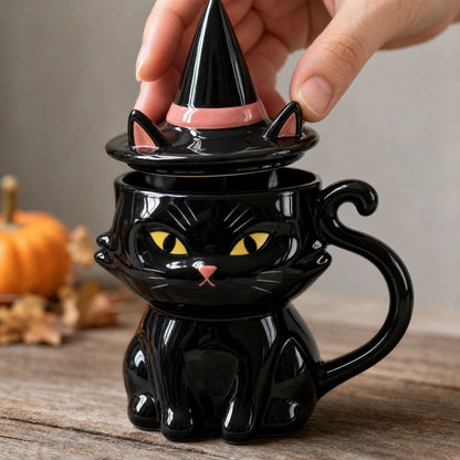 Black Cat Ceramic Mug with Witch Hat Lid — 350ml 3