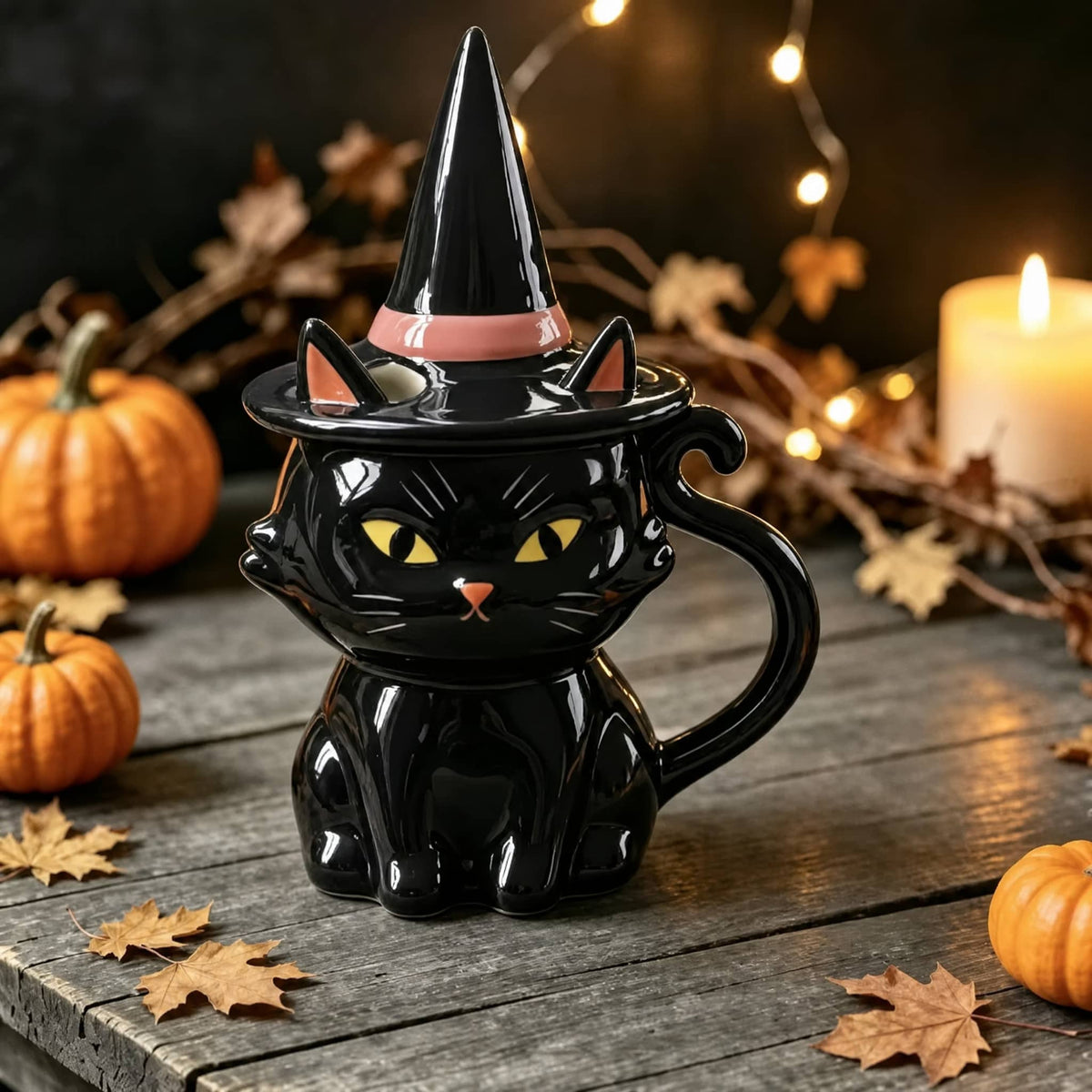 Black Cat Ceramic Mug with Witch Hat Lid — 350ml 5