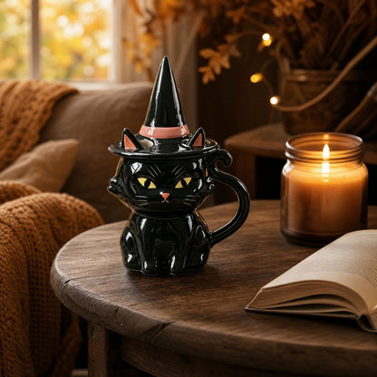 Black Cat Ceramic Mug with Witch Hat Lid — 350ml 6