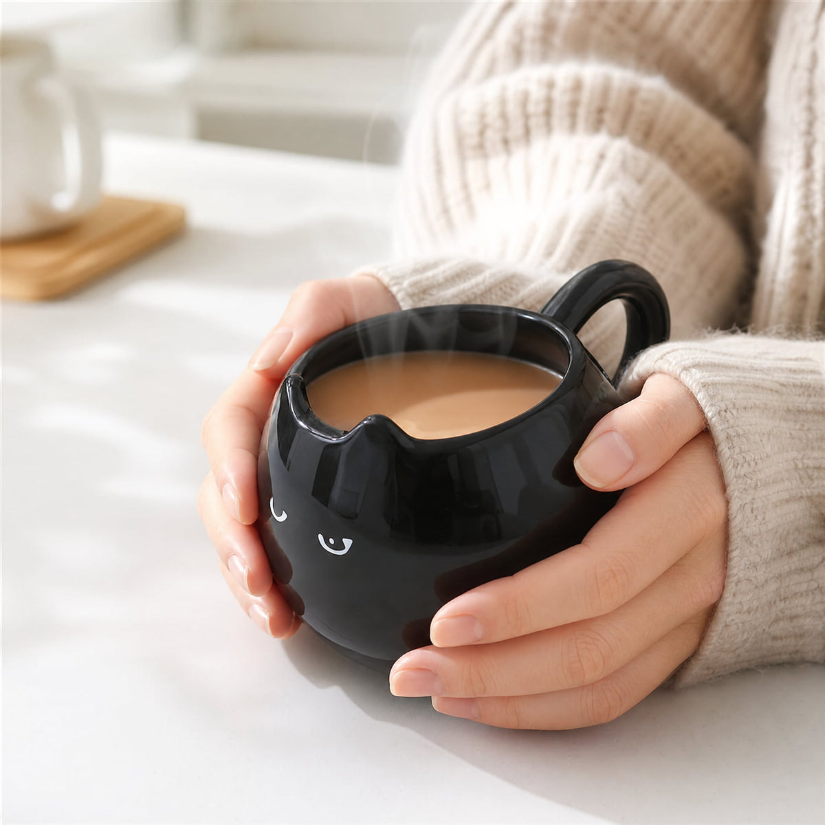 Black Cat Ceramic Mug — 380 ml with Sculpted Cat Ears 2