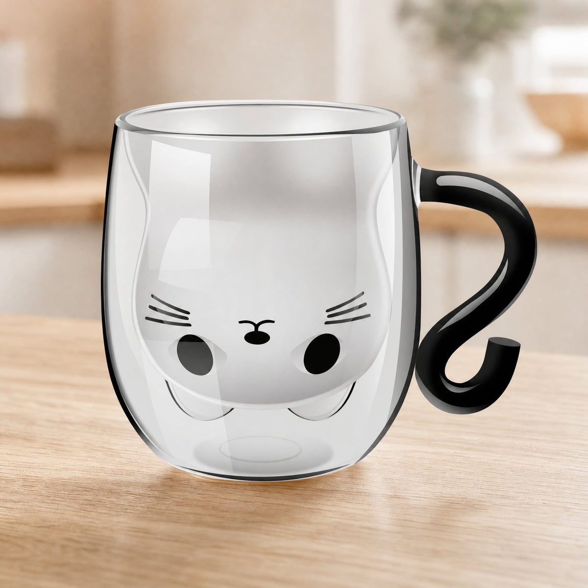 Cat Glass Mug Double Wall — Hidden Cat Face & Tail Handle 1
