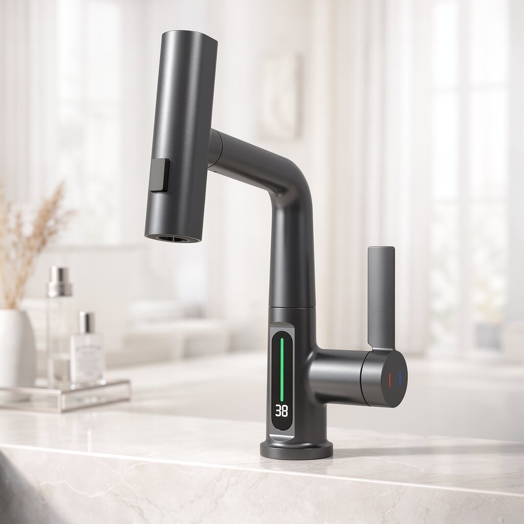 FlexiHahn Pull-Out Kitchen Faucet with LED Temperature Display 12
