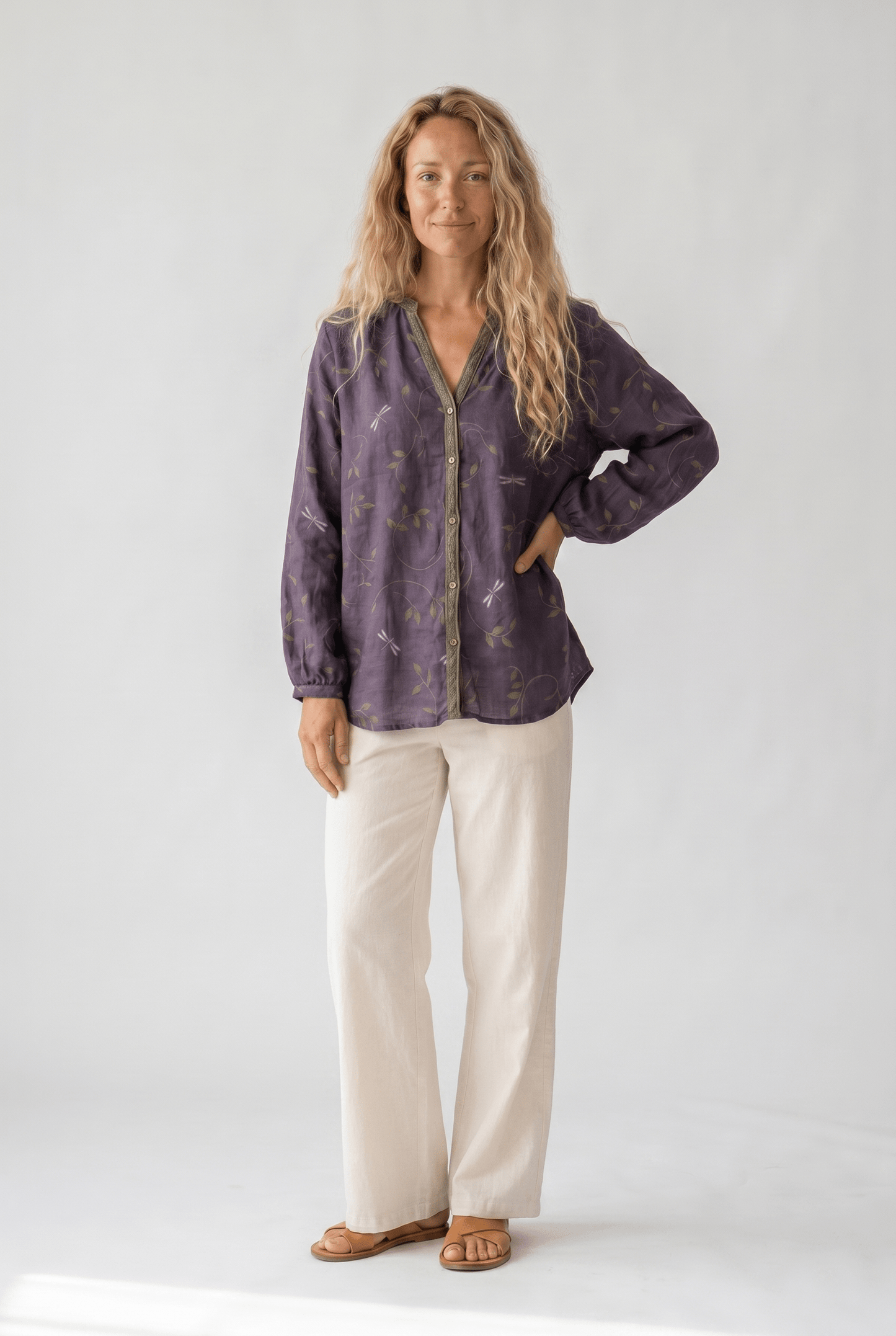 Blusa Donna Scollo a V Manica Lunga Stampa Boho