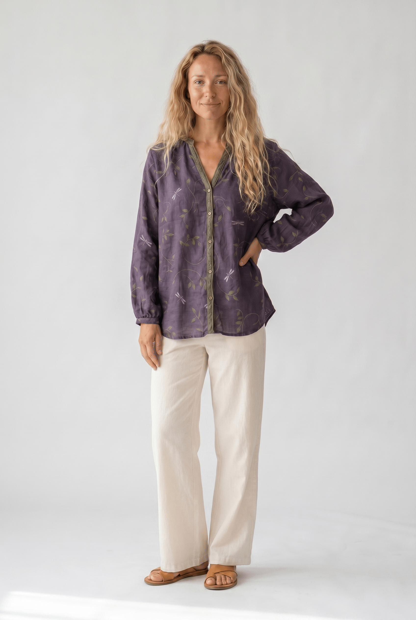 Blusa Donna Scollo a V Manica Lunga Stampa Boho