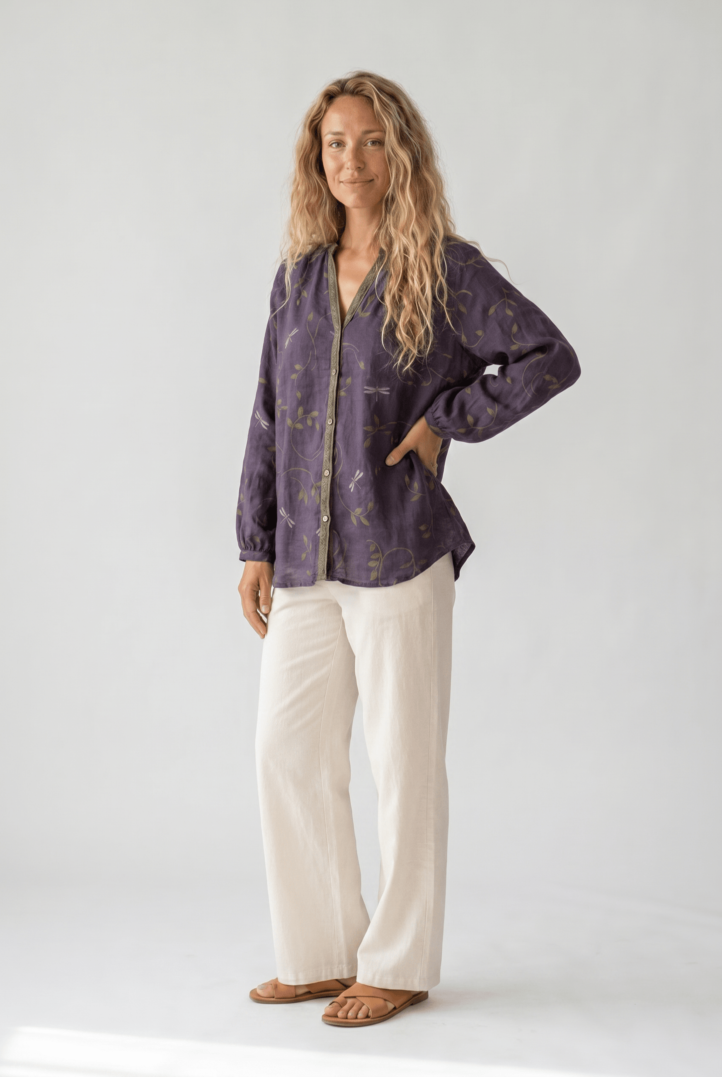 Blusa Donna Scollo a V Manica Lunga Stampa Boho