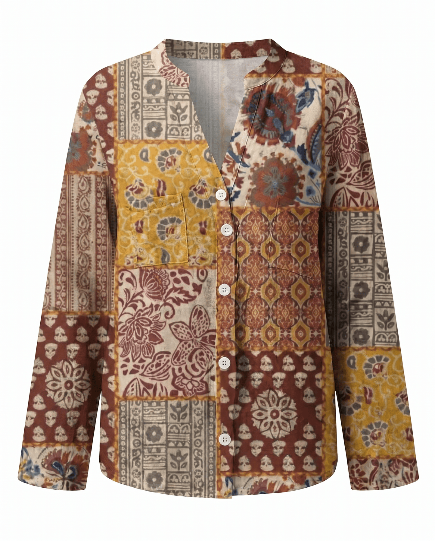 Blusa Donna Scollo a V Manica Lunga Stampa Boho