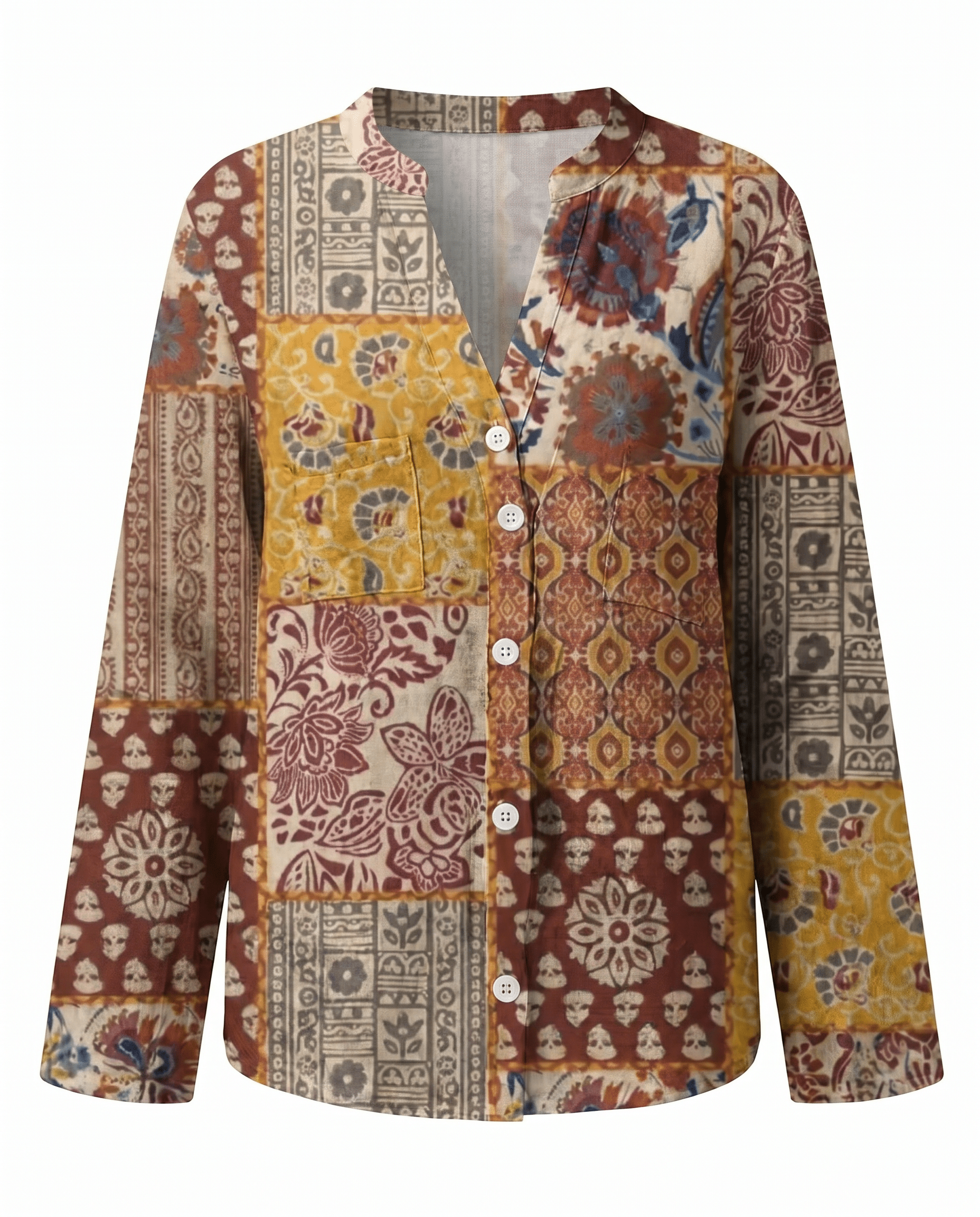 Blusa Donna Scollo a V Manica Lunga Stampa Boho