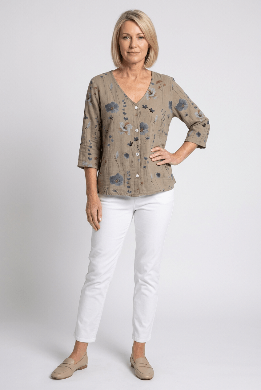 Camicetta Donna Floreale Scollo a V Maniche 3/4