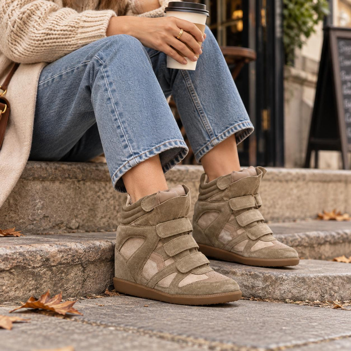 Women's Hidden Wedge High-Top Sneakers — Suede Look Velcro 4
